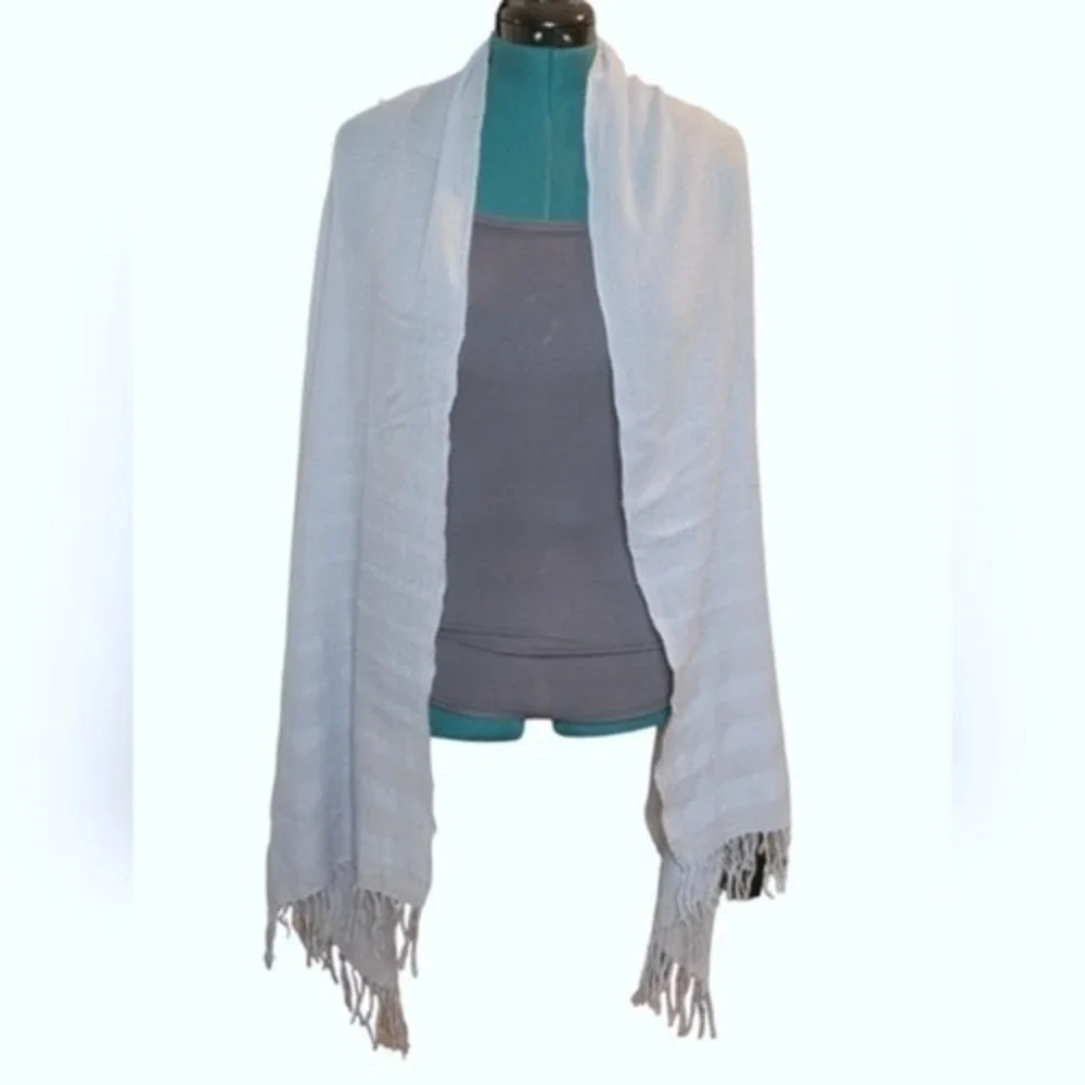 Light Blue Sequin Striped Knit Wrap Scarf with Fringe Trim Shimmer Shawl